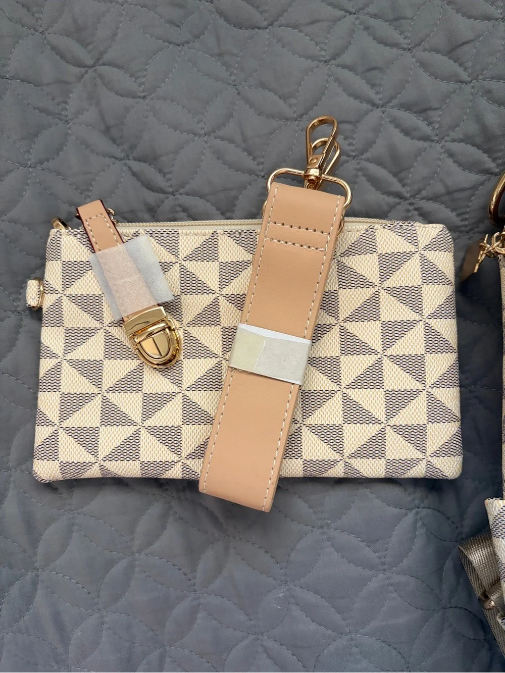 Beige Geometric Women's Backpack Purse with Matching Pouch - Contemporary Style